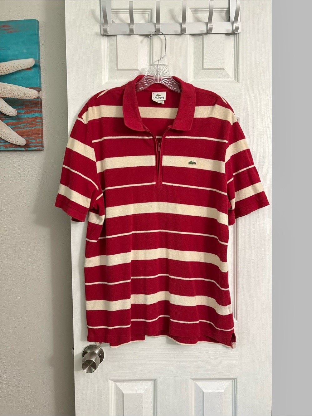 Lacoste Men’s Red & Cream Horizontal Stripe Zip Polo
